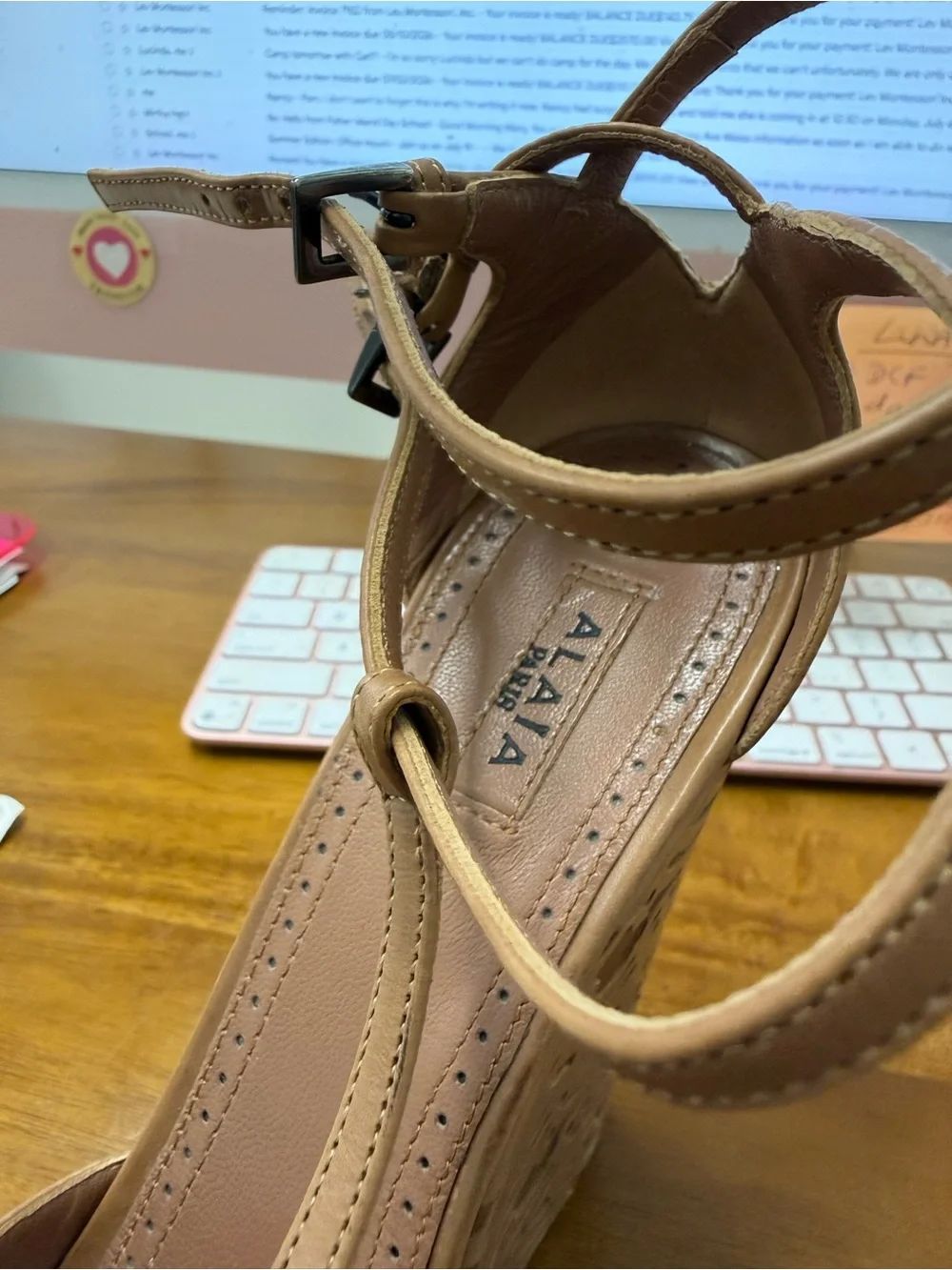 Women's Tan T-Strap Platform Wedge with Ankle Tie